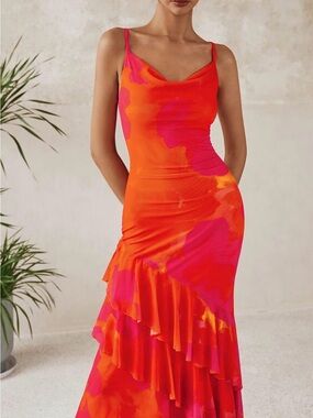 Orange and Pink Ruffle Maxi Slip Dress